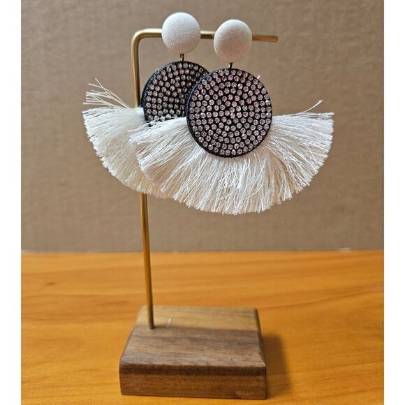 Boho Chic Black and White Fringe Earrings With Rhinestones & Fabric Accents - Picture 1 of 5